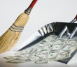 Sweeping US currency into dust pan --- Image by © Steve Hix/Somos Images/Corbis