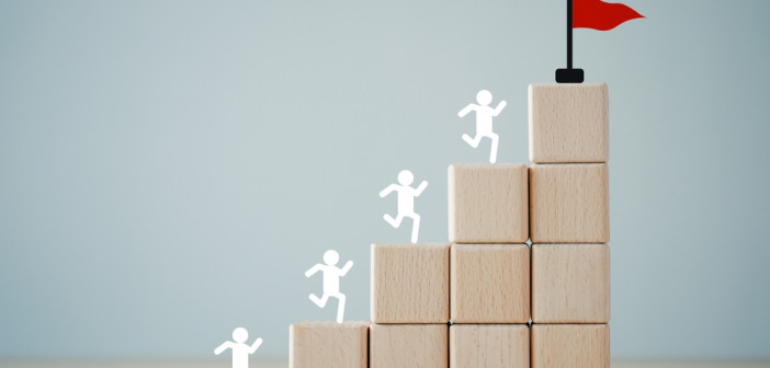 Goals,Achievement,And,Business,Success.,Rises,Up,Stairs,To,Target.