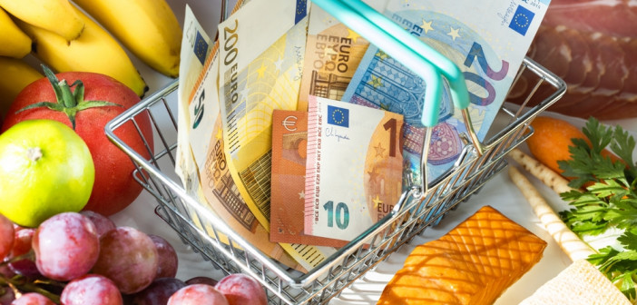 Shopping,Basket,With,Euro,,Food,From,The,Store,Around,,Concept