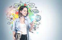Beautiful,Young,College,Student,With,Smartphone,And,Stack,Of,Books