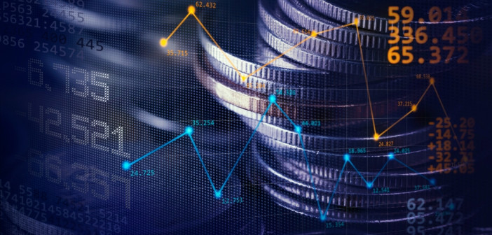 Double,Exposure,Image,Of,Coin,Stacks,On,Technology,Financial,Graph