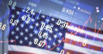 Abstract,Virtual,Financial,Graph,Hologram,On,Usa,Flag,And,Sunset