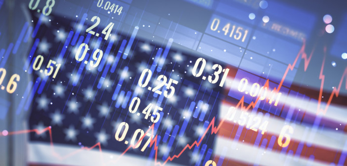 Abstract,Virtual,Financial,Graph,Hologram,On,Usa,Flag,And,Sunset