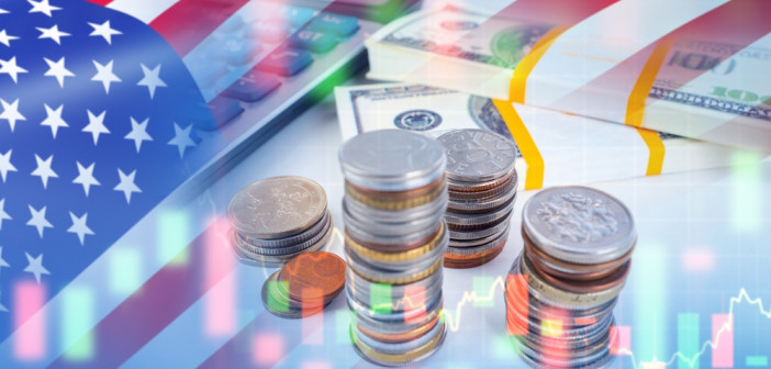 Us,Economic.,Money,And,Calculator,On,Table.,Flag,Of,United