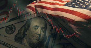 Stock,Market,Trading,Graph,In,Red,Color,Economy.,Usa,Flag