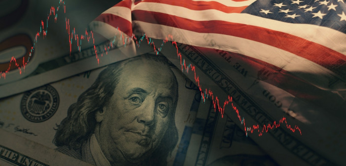 Stock,Market,Trading,Graph,In,Red,Color,Economy.,Usa,Flag
